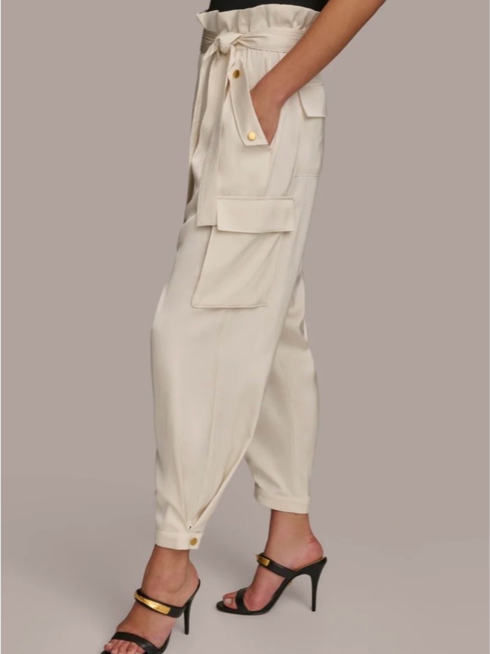 Donna Karan Cream Paperbag Cargo Pants with Tie Waist